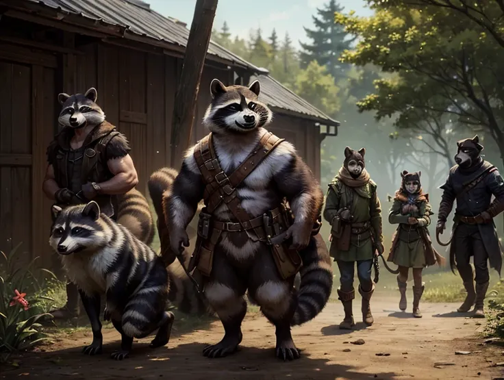 A picture of a group of hunter and gathers but the people are raccoon people, human skin, raccoon ears and tails