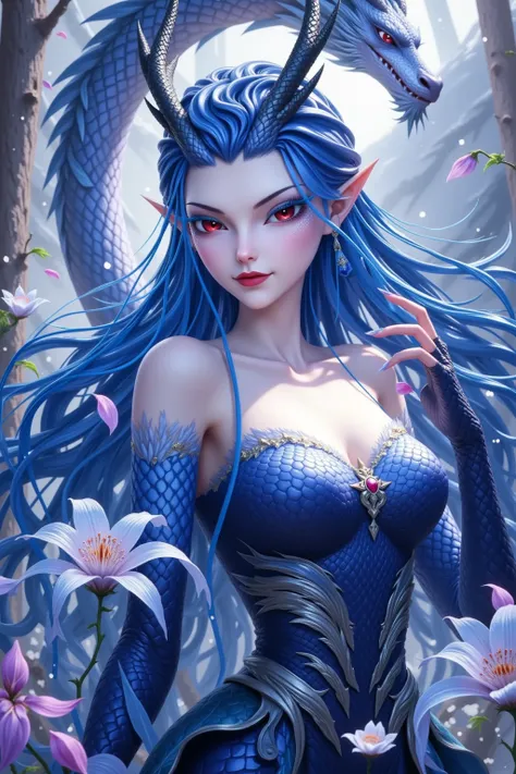 1girl,bare shoulders,blue eyes,blue hair,branch,breasts,collarbone,dragon,dragon girl,dragon horns,dragon tail,dress,eyelashes,eyeshadow,feathers,flower,heterochromia,horns,lily \(flower\),lipstick,long hair,makeup,medium breasts,petals,pointy ears,realist...