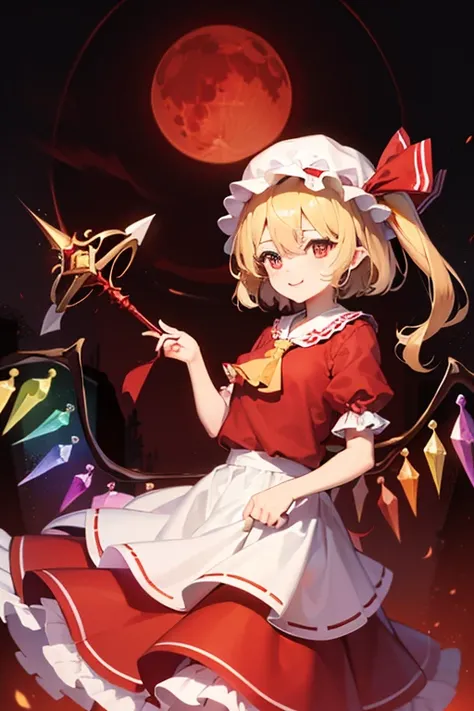  detailed depiction of up to the front door、(( Flandre Scarlet from Touhou Project))、((( Flandor Scarlet holding a red spear)))、(((Red maid outfit)))、  red eyes、(((I can see the red moon above my head )))、(((White nightcap )))、((( in the Crimson Demon Hall...