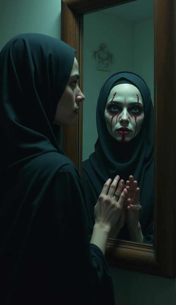 The face of a hijabi woman looking in the mirror and seeing a different and frightening reflection.