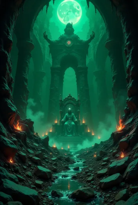 {{A ((hauntingly detailed)) depiction of {an ancient underworld realm shrouded in mist and illuminated by eerie green flames}} with {colossal jagged obsidian pillars, a black river flowing with ghostly souls, and shadowy figures lurking in the distance}. T...