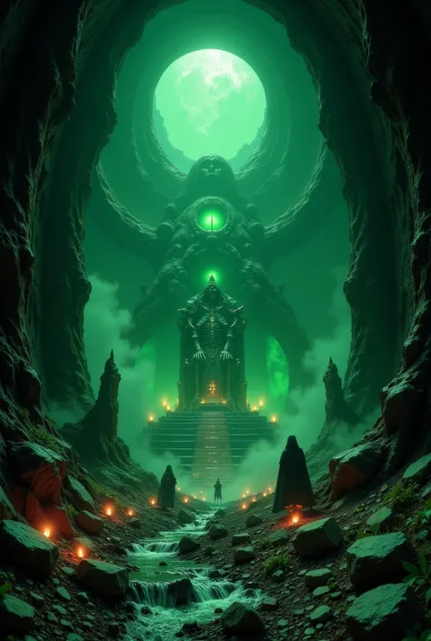 {{A ((hauntingly detailed)) depiction of {an ancient underworld realm shrouded in mist and illuminated by eerie green flames}} with {colossal jagged obsidian pillars, a black river flowing with ghostly souls, and shadowy figures lurking in the distance}. T...