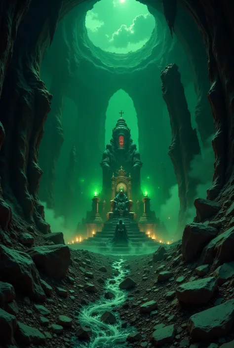 {{A ((hauntingly detailed)) depiction of {an ancient underworld realm shrouded in mist and illuminated by eerie green flames}} with {colossal jagged obsidian pillars, a black river flowing with ghostly souls, and shadowy figures lurking in the distance}. T...