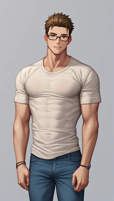 YHFG,Oil painting style, A handsome man with tousled hair and square, metal-framed glasses. His face was angular, and he wore a crisp, white shirt tucked into slim-fitting jeans. The background is a deep, velvety black, making his features stand out in sta...