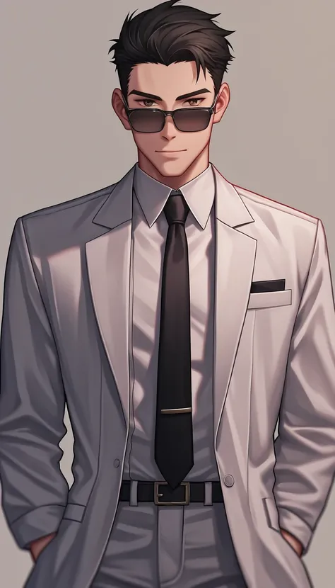 YHFG,Oil painting style, A sleek and sophisticated man with slicked-back hair and rectangular, prescription sunglasses. His suit was tailored to perfection, and he wore a crisp, white dress shirt with a thin, black tie. The background is a minimalist, mono...