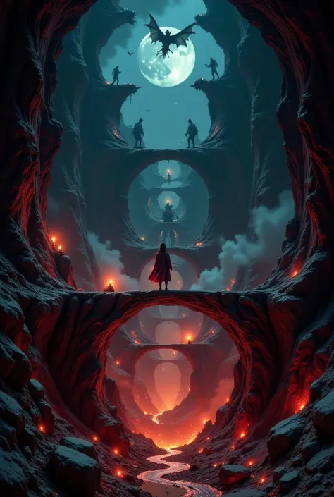 {{A ((cinematically striking)) depiction of {a vast underworld labyrinth filled with twisting pathways, fiery chasms, and monstrous guardians}} with {a lone traveler holding a dim lantern, cautiously stepping forward on an ancient bridge suspended over an ...