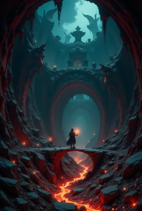 {{A ((cinematically striking)) depiction of {a vast underworld labyrinth filled with twisting pathways, fiery chasms, and monstrous guardians}} with {a lone traveler holding a dim lantern, cautiously stepping forward on an ancient bridge suspended over an ...