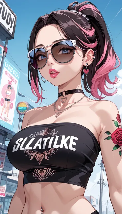 ((Busty Bitches)), score_9, score_8_up, score_7_up, source_anime, highly detailed, 1girl, ultra cute, ultra sexy, ultra curvy, ultra bouncy, ultra feminine, large breasts, ecchi, cutesy , ((sluts redefined, tube top, sunglasses, whore, gaudy, dyed hair, po...