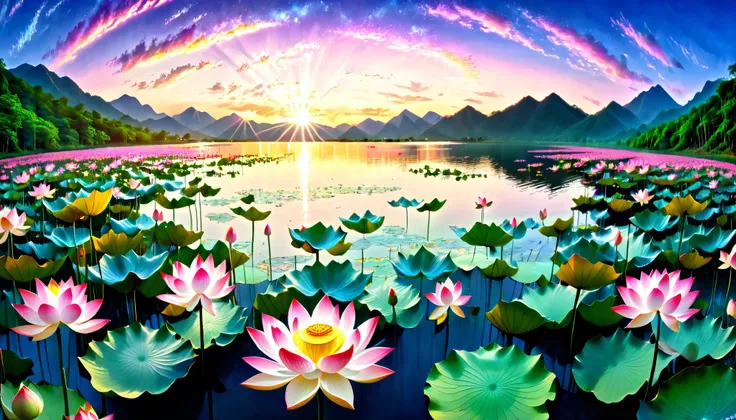 超 high image quality, high image quality, high quality , Spectacular Scenery , Magnificent Pure Land of Paradise ,((( large group of huge and very beautiful lotus flowers that fill the surface of the lake))),(((1000 lotus flowers on the surface of the la...