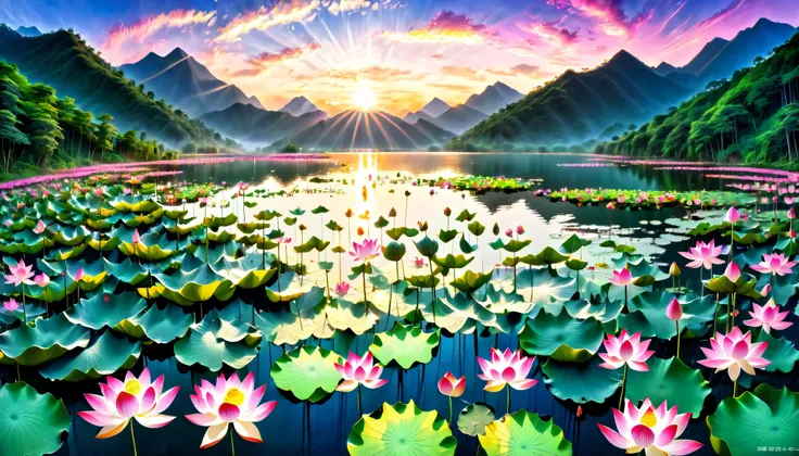 超 high image quality, high image quality, high quality , Spectacular Scenery , Magnificent Pure Land of Paradise ,((( large group of huge and very beautiful lotus flowers that fill the surface of the lake))),(((1000 lotus flowers on the surface of the la...