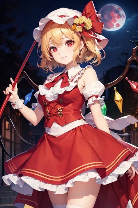  detailed depiction of up to the front door、(( Flandre Scarlet from Touhou Project))、((( Flandor Scarlet holding a red spear)))、(((Red maid outfit)))、  red eyes、(((I can see the red moon above my head )))、(((White nightcap )))、((( in the Crimson Demon Hall...