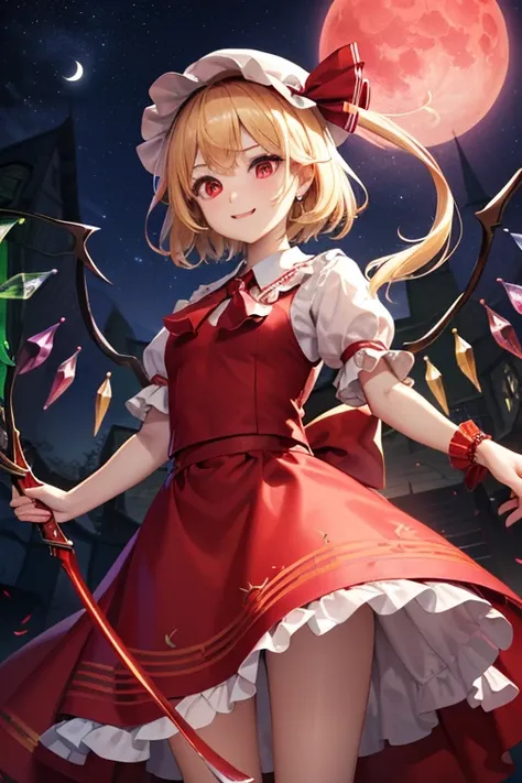  detailed depiction of up to the front door、(( Flandre Scarlet from Touhou Project))、((( Flandor Scarlet holding a red spear)))、(((Red maid outfit)))、  red eyes、(((I can see the red moon above my head )))、(((White nightcap )))、((( in the Crimson Demon Hall...