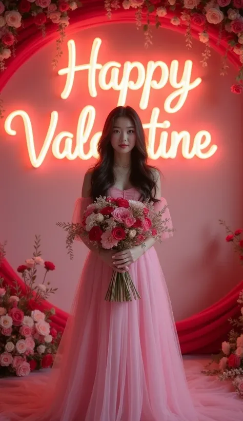  Korean beautiful woman with long dark brown hair ,  wearing a pink dress ,  separately in the center of the room holding a bouquet of flowers .   On the wall there is a text with the inscription  "Happy Valentine"  in an elegant 3D embossed shape and deco...