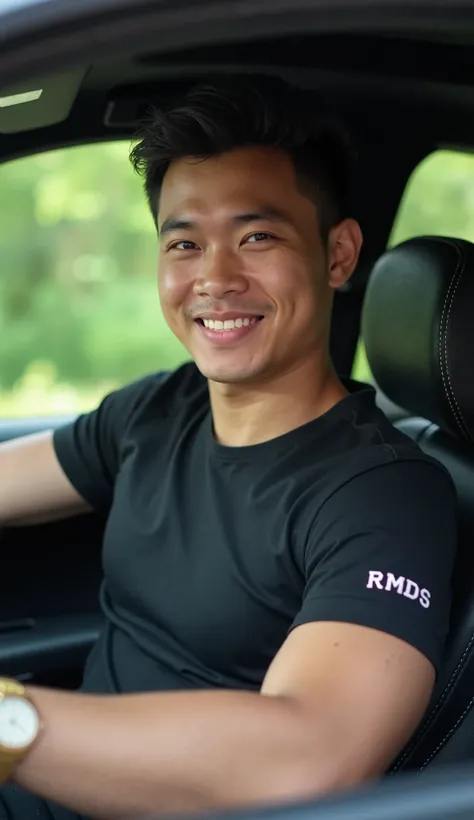 A handsome young Indonesian man,tall body ,athletic,sitting in the driver's seat of a black car. He was wearing an elegant black ash t-shirt inscribed with his name"RMDS"  on his sleeve with embroidery. embroidery and a gold watch that looks striking on he...