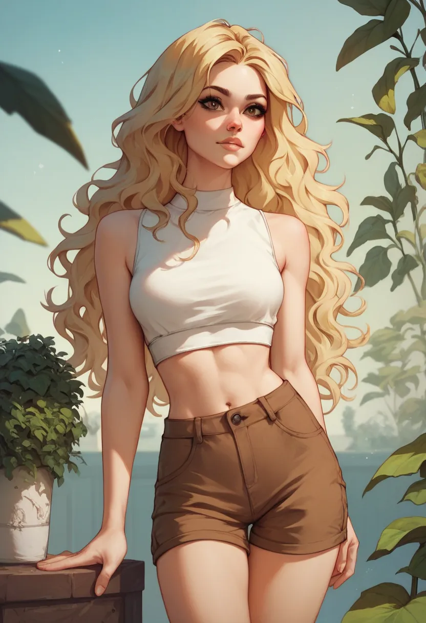 best quality, absurdres, 8k, (Parsley), blonde wavy hair, brown eyes, white crop knit shirt, naked stomach, suspender canvas shorts, brown shorts, sleeveless,