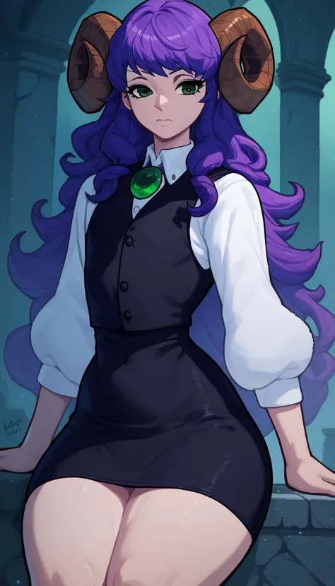 score_9,score_8_ upwards,score_7_ upwards,score_6_ upwards,score_5_ upwards,score_4_ top rated _ questionable , wool,Guy , sheep horns ,  1femboy, green eyes,  long hair,  purple hair , black vest,  white shirt, black skirt,  stone room, ritual , Stand in ...