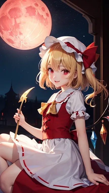  detailed depiction of up to the front door、(( Flandre Scarlet from Touhou Project))、((( Flandor Scarlet holding a red spear)))、(((Red maid outfit)))、  red eyes、(((I can see the red moon above my head )))、(((White nightcap )))、((( in the Crimson Demon Hall...