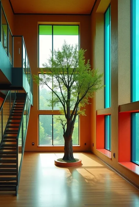  Large modern-style room with cork walls and green windows ,  blue and red and a modern-style statue representing a tree in the center of the room .  Metal staircase on the left that descends to the lower part of the photo , loft with glass railings on the...