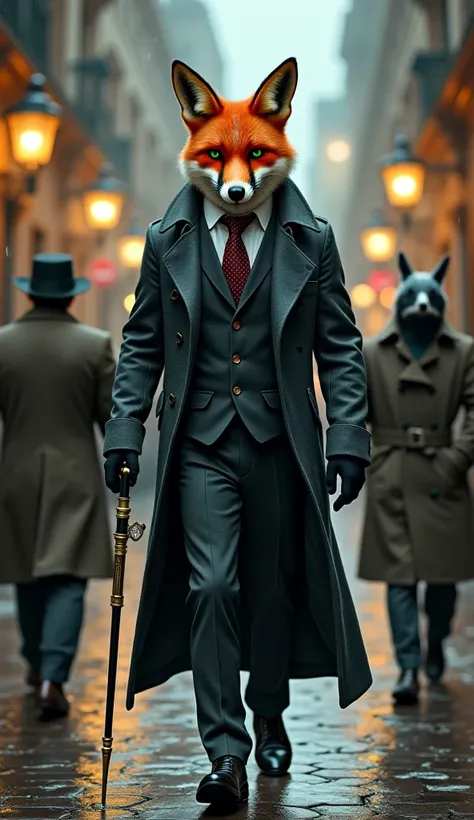 A photorealistic cinematic image of a humanoid red fox mafia boss walking through the rain-soaked cobblestone streets of London, his long trench coat swaying with every step. The fox-headed figure wears a dark grey three-piece suit with a gold pocket watch...