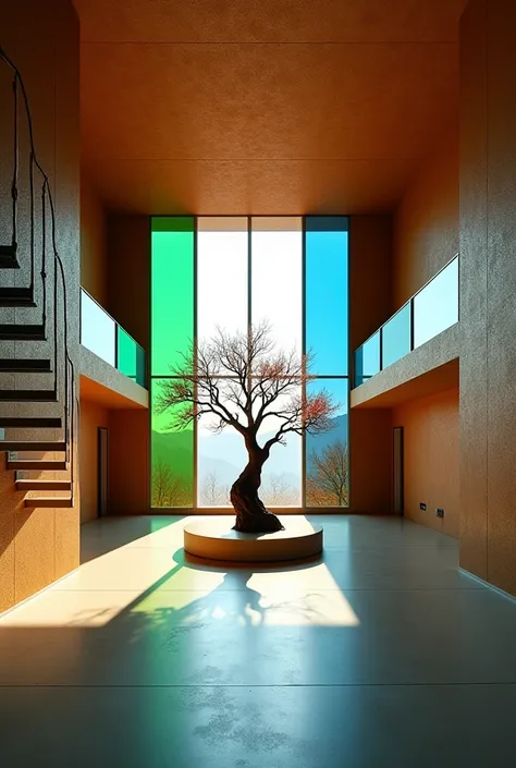  Large modern-style room with cork walls and green windows ,  blue and red and a modern-style statue representing a tree in the center of the room .  Metal staircase on the left that descends to the lower part of the photo , loft with glass railings on the...