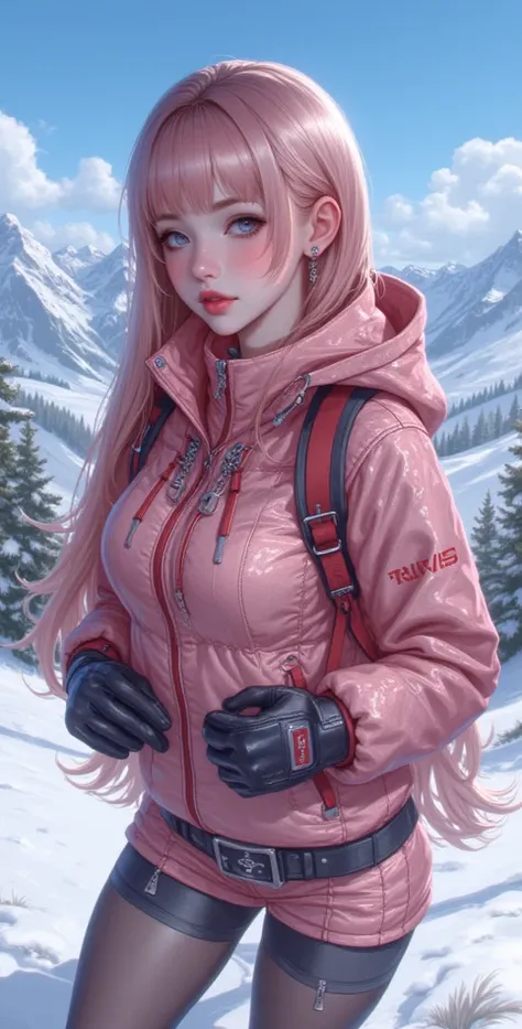  high definition,  Best quality ,  High detail,  High quality, full length ,full frame, Widescreen ,  full-length girl ,Breasts, earrings,  pink hair ,  blue eyes, makeup,  light smile , scarlet lips,winter, snow ,Mountains,ski suit ,skiing .