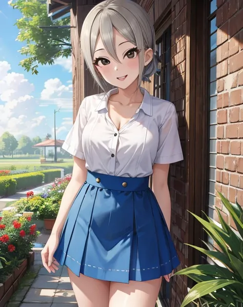 shiomi_Shackle,  one woman standing upright on the floor, adult woman, black eyes, shiomi_Shuko , smile, Grey Hair ,white blouse,Scoop Neck blouse,mini skirt,blue skirt,garden, natural light, Masterpiece,  top quality,  Anatomically Correct , solo,  Hi-Res...