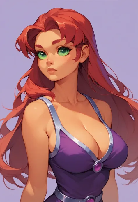 Score_9, Score_8_up, Score_7_up, 1girl, solo, starfire, red hair, large breasts, cleavage, purple dress, purple background, simple background, dutch angle, sleeveless, 
