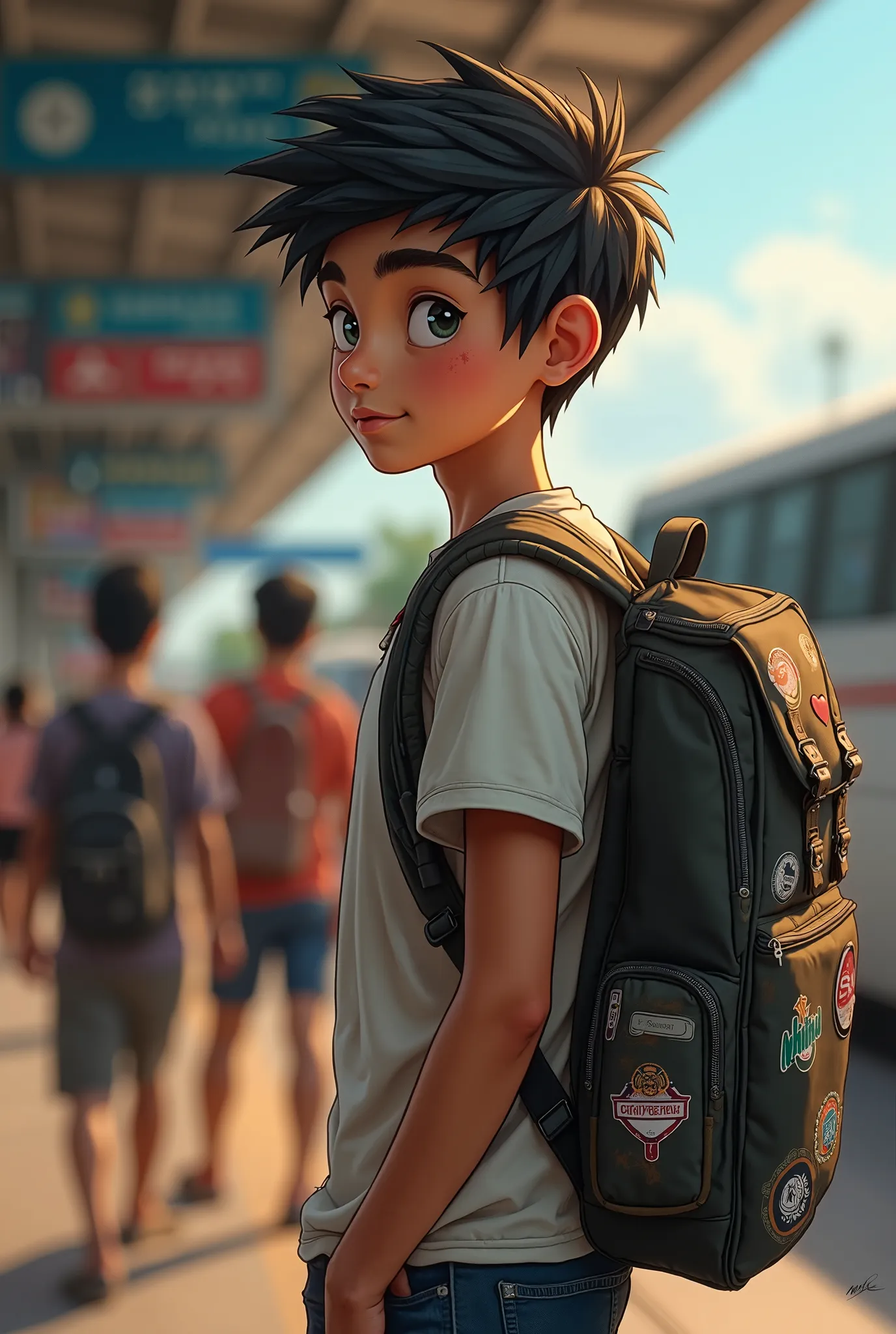 character: a Thai  guy with a guitar bag and a backpack on his back.
sets:About to walk on a bus in a different province and have relatives send 