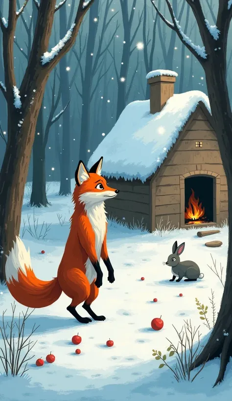 Cena 2:  The Arrival of Winter 

"the forest is covered with snow ,  the branches of the trees are dry and there are no more fruits. The fox,  now thin and with a worried expression , Walk through the snow ,  shivering with cold and hungry .  The rabbit is...