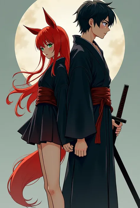 A kitsune girl about 20 years old with red long hair and green eyes in a more realist style, but she's not quite Japanese in her full height and with a short black and red kimono and barefoot... and what would she touch the guy with her back and the guy he...