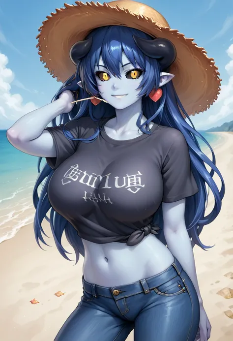 score_9,score_8_up,score_7_up, asuta, solo, long_hair, succu_armor, blue_skin, black_sclera, yellow_eyes, blue_hair gigantic_breasts, t-shirt, jeans, navel, cowboy_shot, straw_hat,  beach, smile, , (high quality, detailed, beautiful),