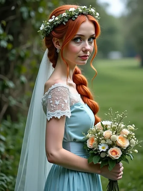 Full-length bride at a traditional Irish wedding, slender woman with a redhead pigtail with ribbons looks at us,  Light blue dress, a wreath and a bouquet of wildflowers, lace,  clover and Celtic elements,  realism