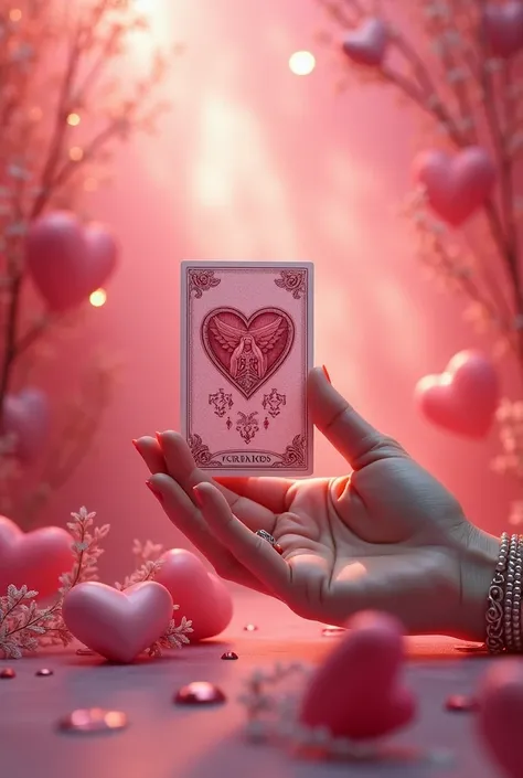 generate a valentine’s publication material with only 1 tarot card with a hand holding it in fingers and make it in pink color scheme with 3d background designs