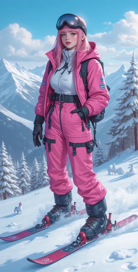  high definition,  Best quality ,  High detail,  High quality, full length ,full frame, Widescreen ,  full-length girl ,Breasts, earrings,  pink hair ,  blue eyes, makeup,  light smile , scarlet lips,winter, snow ,Mountains,ski suit ,skiing .