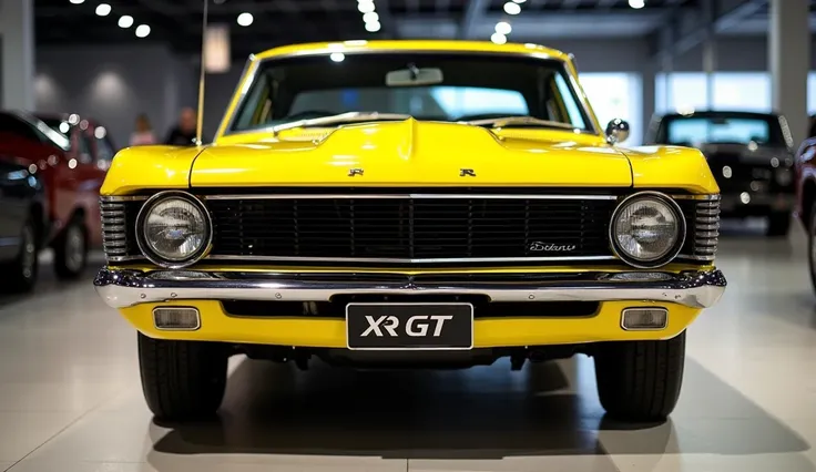 Yellow colour front view in ford falcon xr gt old model in  the showroom.The front plate reads  "XR GT"   view highlighted with beautiful  and stylish image.