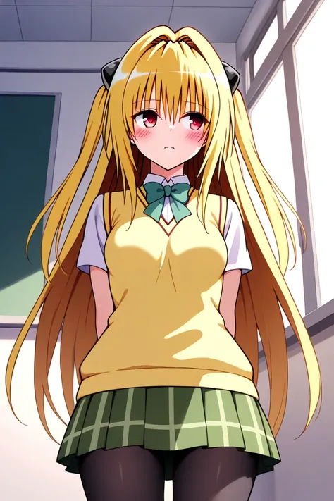  1 girl, one,   long hair,   closed mouth,  in school uniform, green skirt, yellow sleeveless sweater, черных  pantyhose,  open eyes, very embarrassed face, disturbances, very reddening,  is worth, classroom background, love-ru , konjiki na yami,  1girl,  ...