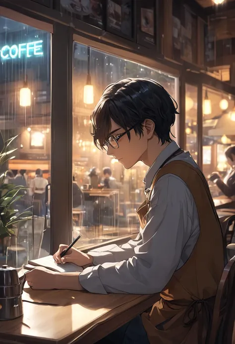 " A cozy coffee shop at night ,  designed in the anime style ,  with warm lights that illuminate the environment .  Next to a large window ,  a dark-haired young man ,  Usando fones de ouvido ,  is seated at a table , focused on his notebook,  while a coff...