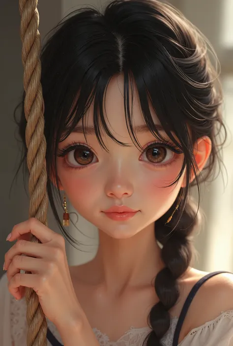 Can be generate a girl, holdin a rope and short simle her face,  her eyes like short and attractive, and her face medium shape,  her height like 5.5 inches 