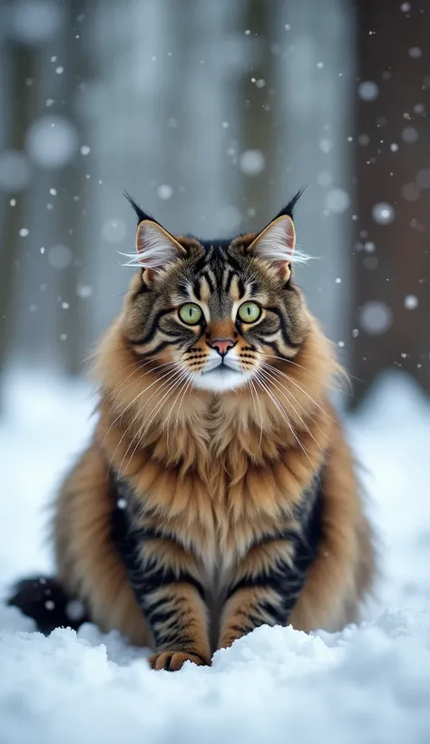 Generate ultra-high-definition images of a majestic Norwegian Forest Cat with a thick, luxurious coat, showcasing its beautiful tufts of fur and bushy tail. Position the cat playfully in a snowy landscape, surrounded by tall, snow-covered pine trees and a ...