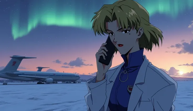 Detailed single portrait of Ritsuko Akagi.
anime style, sharpness, high contrast and high detail

She's wearing a lab coat. She stands in front of the airport and walks through a winter blizzard, holding a black smartphone in her hand and saying a voice me...