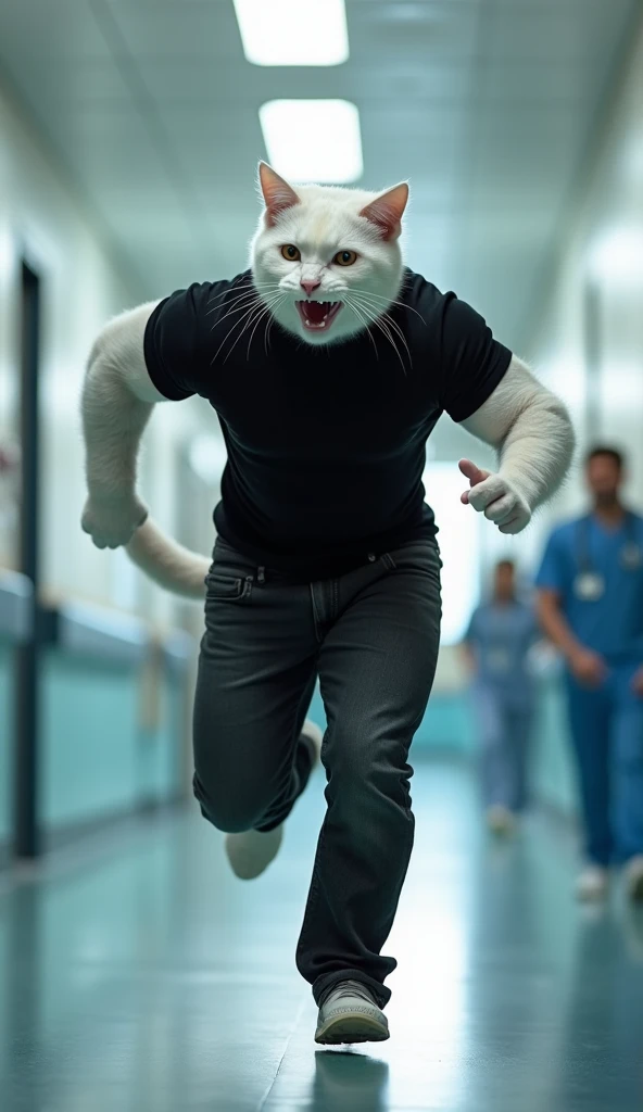 A towering, muscular white male cat with a true bodybuilder's physique sprints down the brightly lit hospital corridor, his eyes wide with fear. His thick, well-defined arms pump with each powerful stride, his broad chest heaving as he breathes heavily. Dr...