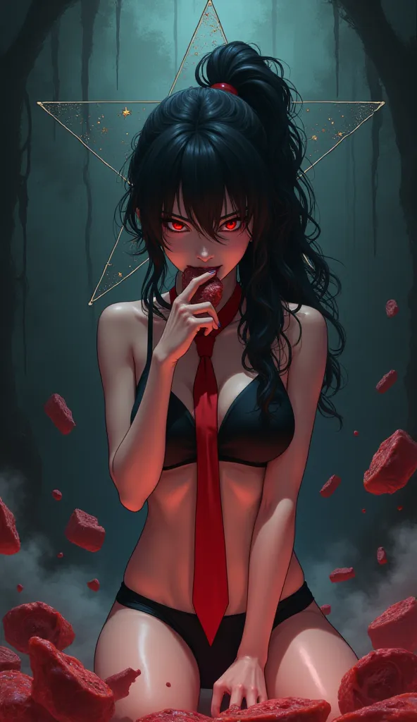 Girl with long curly black hair with ponytail wearing black underwear with red tie eating raw meat, In the background a with a 5-pointed star in an anime-like ritual