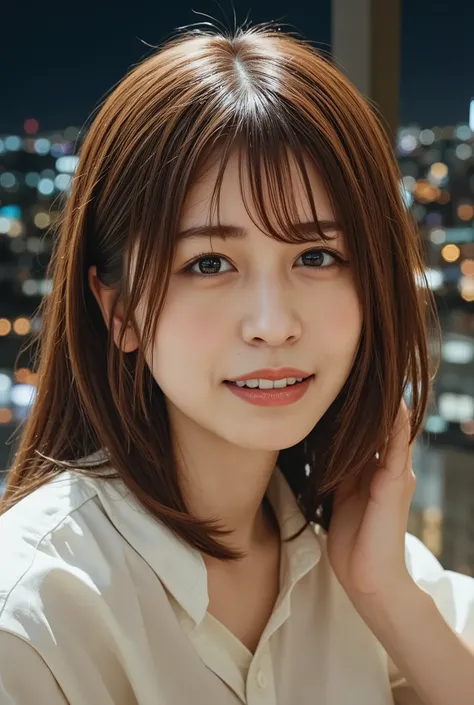 (  Popup、     woman 1 person、     white shirt 、      Masterpiece,  Laughter、             night view of the big city seen from the window         、      Big  chest Cross   、        oily skin、The sunset illuminates her、   sunset shines into the room、、       ...