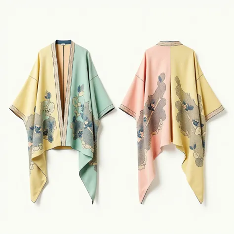 image of product design, contemporary short Yukata jacket made from naturally dyed tie in soft pastel green, yellow, and pink. The jacket showcase traditional textile of craftsmanship with intricate Sashiko embroidery and hand stich patterns, symbolizing g...