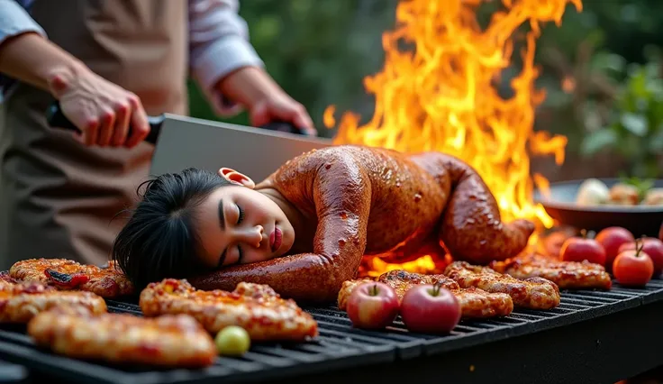 high quality, 8K Ultra HD, backyard grill. An attractive young Japanese girl, with a very dark, golden brown tan and severe sunburn, with her eyes closed, facing horizontally, sleeping on a huge grill over a roaring fire pit. She is fully baked and her ski...