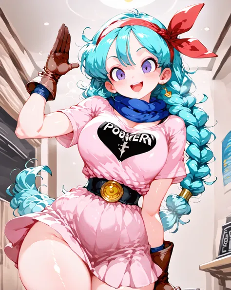 ((best quality, masterpiece)), ((style-swirlmagic):0.4),
1girl, power pose,  dragon ball, blmpony, aqua hair, hair ribbon, braided ponytail, pink shirt, belt, scarf, pink skirt, clothes writing, brown gloves, smile, open mouth,
(sfw),(mj manga),(detailed b...