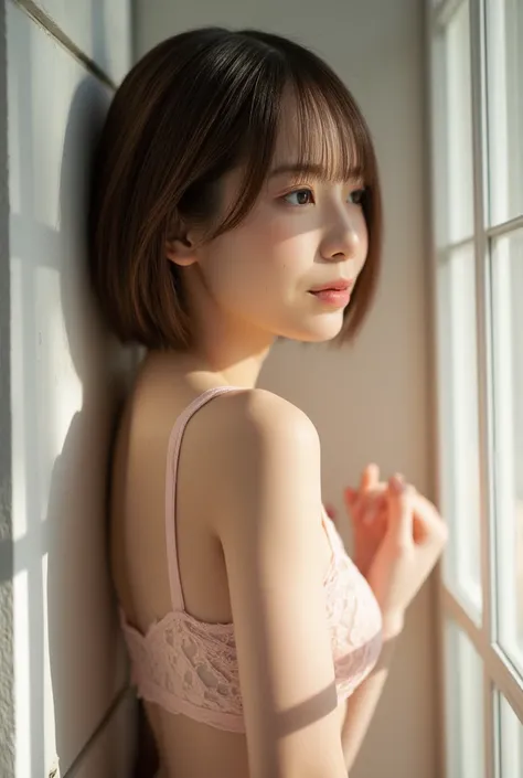 A captivating young woman with short, silky brown hair and soft, expressive eyes, leaning against a large sunlit window with a graceful pose, wearing an elegant pastel pink lace lingerie set adorned with floral embroidery; her gaze is gentle yet alluring, ...