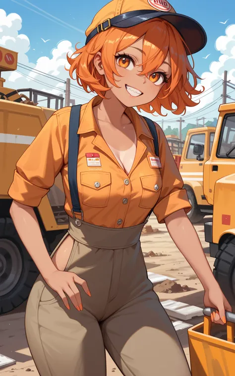 female, orange hair, hair between eyes, flipped hair, short hair, orange eyes, at a construction site, construction worker outfit, Smile, jagged teeth, Small Breasts, tan skin, 