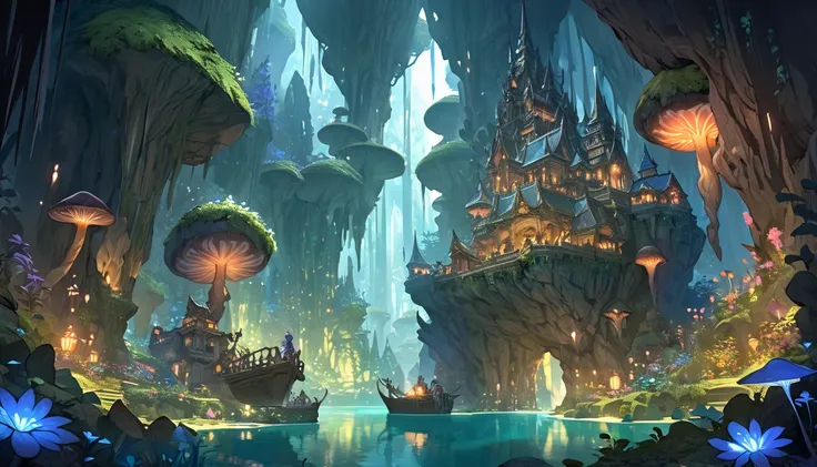 A vast and awe-inspiring underground world reminiscent of "Made in Abyss", Gigantic caverns with intricate rock formations glowing crystals, and mysterious flora and fauna, Dimly lit by bioluminescent plants and glowing rocks casting an ethereal light, Mas...