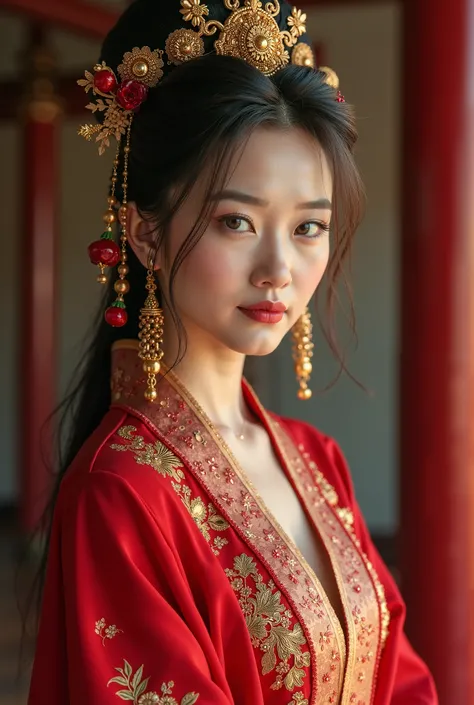 a close up of a woman in a red dress with a gold headpiece, a young woman as genghis khan, traditional beauty, inspired by Yang Borun, ruan jia beautiful!, inspired by Lü Ji, traditional clothes, inspired by Tang Di, traditional dress, kazakh empress, insp...